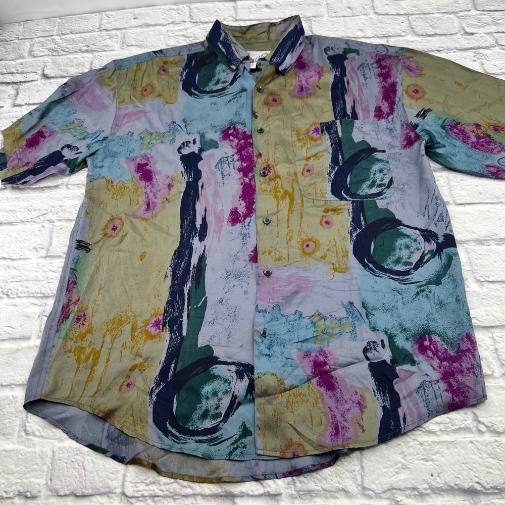 Goouch Vintage 90s Silk Abstract Brushstroke Print Shirt Men's Large Blue Purple - Picture 2 of 11